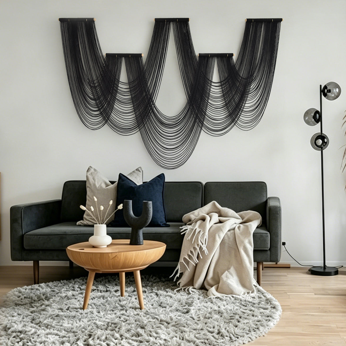 Black Macrame Wall Hanging 5 Panel Boho Wall Decor Fiber Art 68"W *46"L