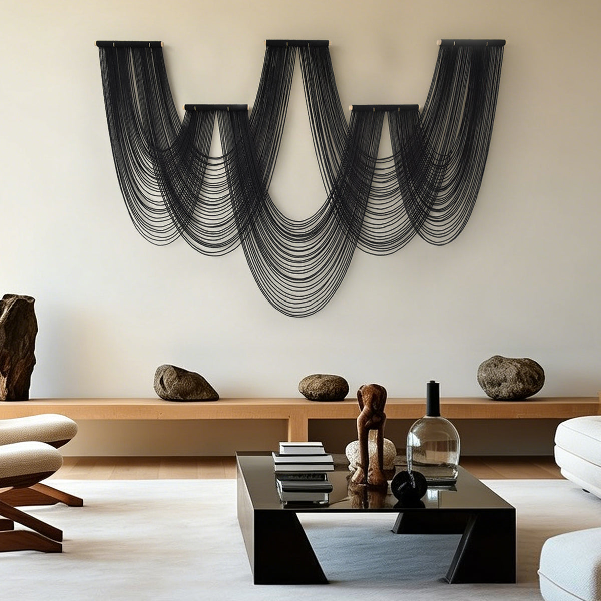 Black Macrame Wall Hanging 5 Panel Boho Wall Decor Fiber Art 68"W *46"L