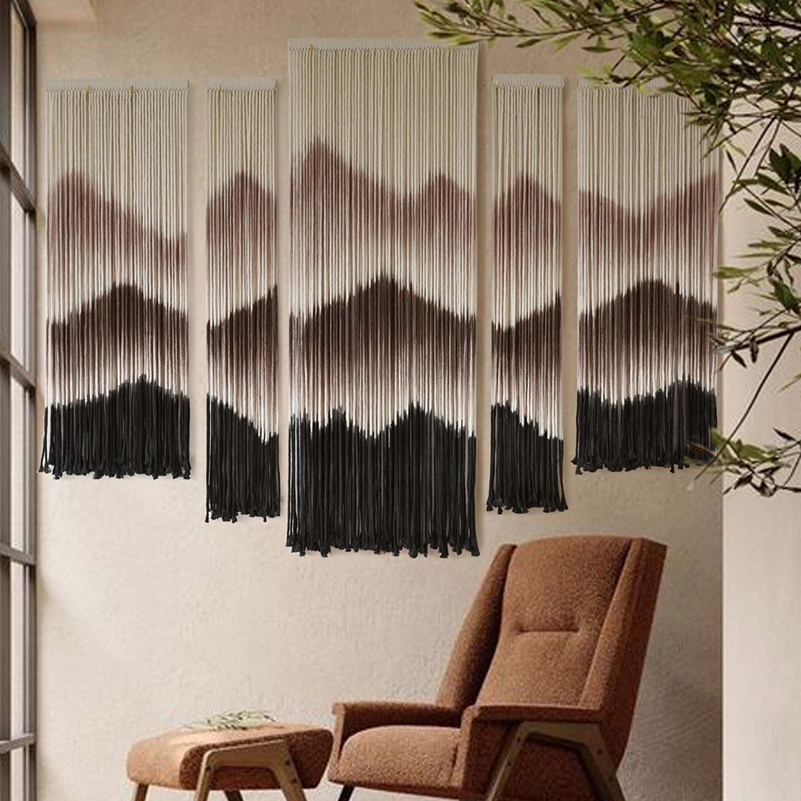 Large Macrame Wall Hanging Mountain Handmade Brown Dip-Dyed Boho Wall Decor,Set of 5
