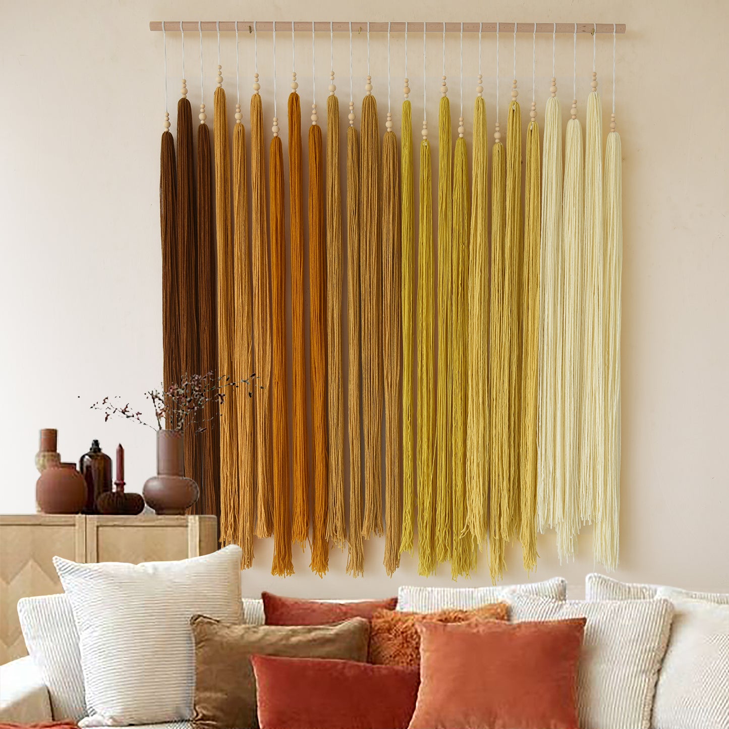 Yellow Macrame Wall Hanging Beads Tassels Decor