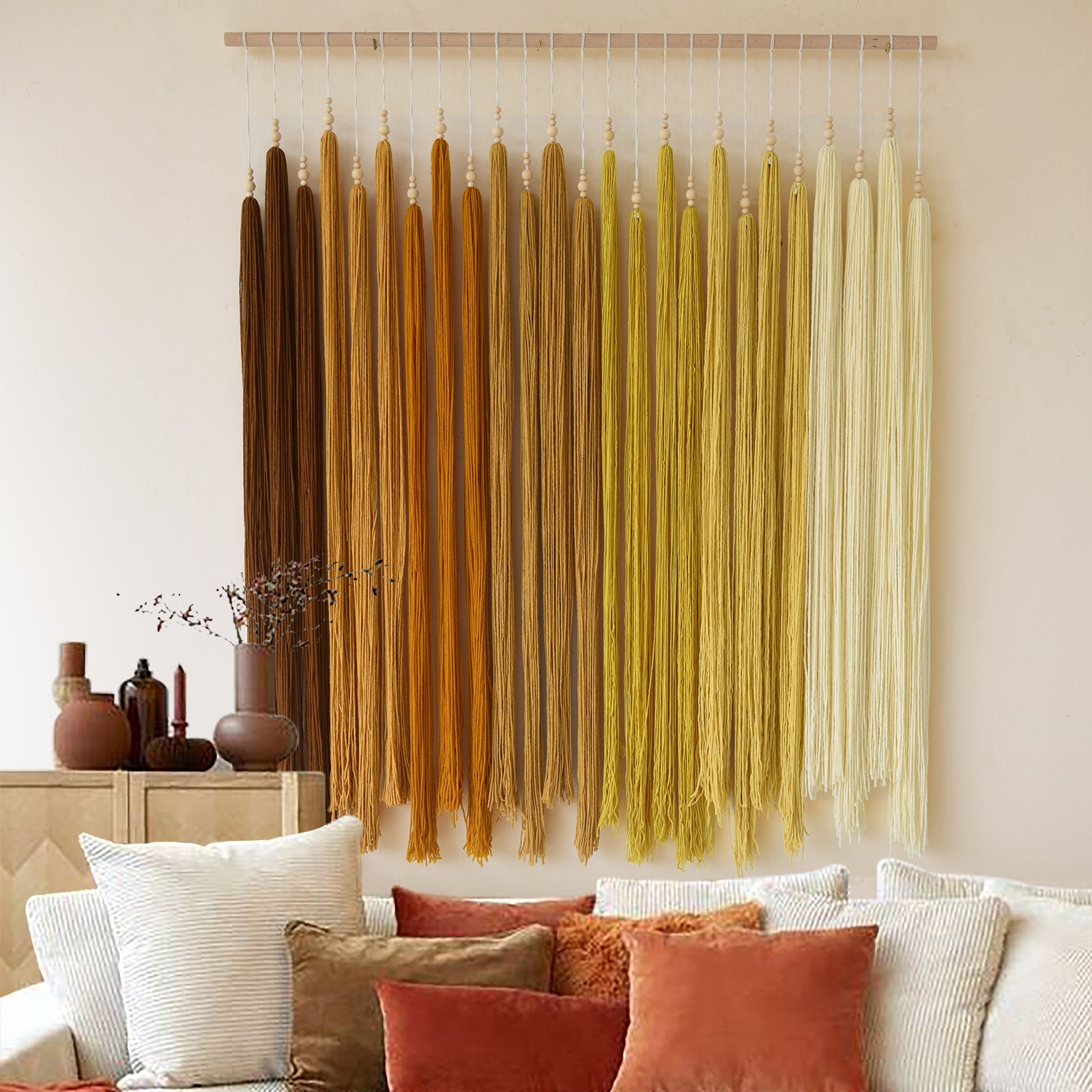 Yellow Macrame Wall Hanging Beads Tassels Decor