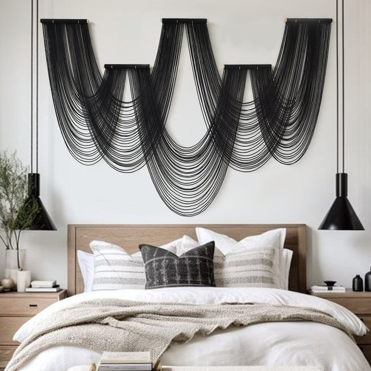 Black Macrame Wall Hanging 5 Panel Boho Wall Decor Fiber Art 68"W *46"L