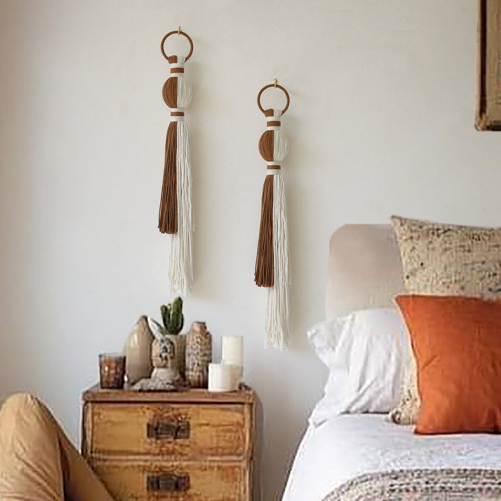 2Pcs Macrame Wall Hanging Fiber Art with Sphere Knots Tassels Yarn Art