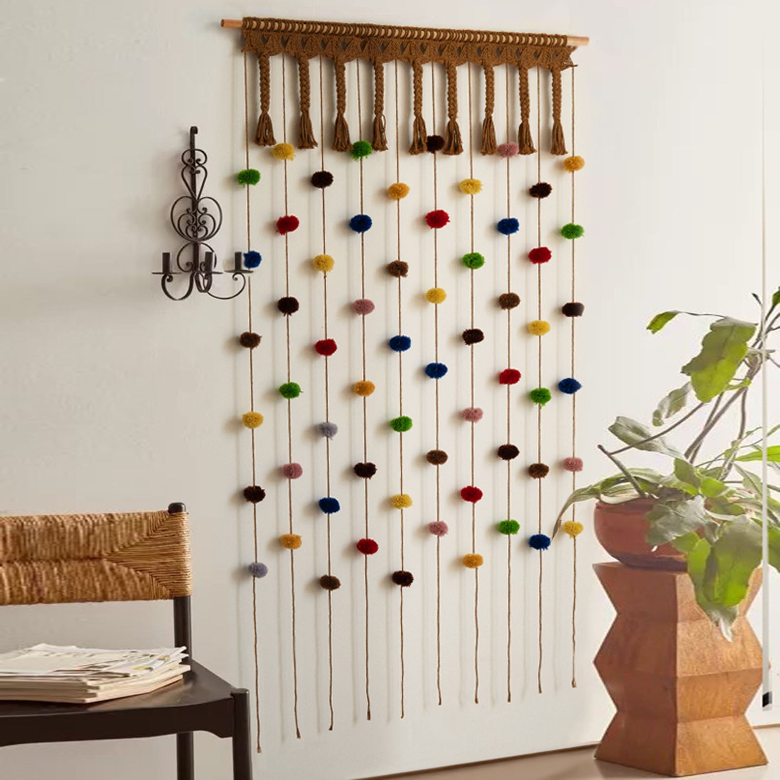 Macrame Curtain with Colorful Pom-Poms Window Treatment for Living Room