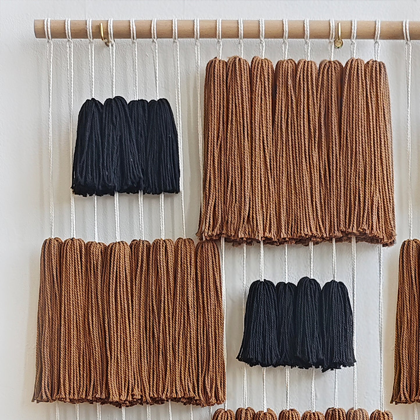 Two-Rod Macrame Wall Hanging Brown Black Yarn Tassel Woven Boho Fiber Art Decor