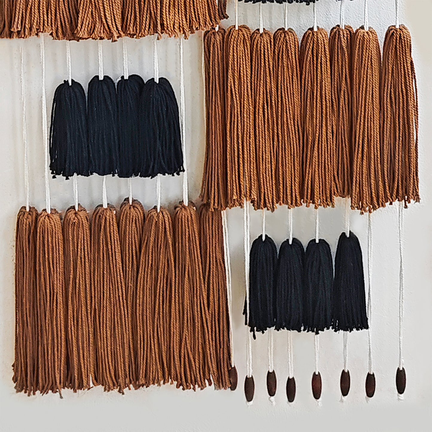Two-Rod Macrame Wall Hanging Brown Black Yarn Tassel Woven Boho Fiber Art Decor
