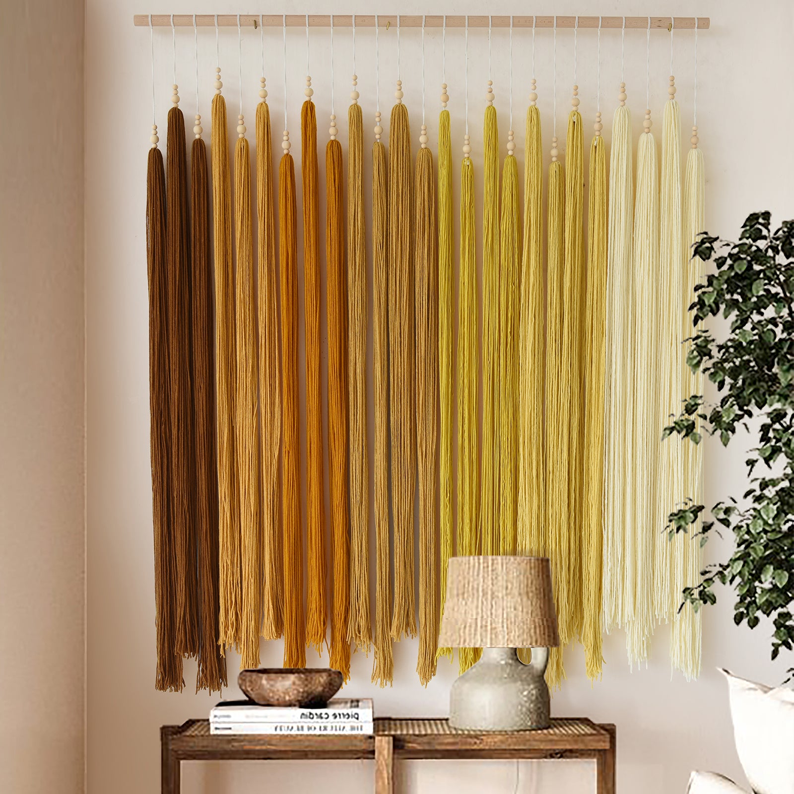 Yellow Macrame Wall Hanging Beads Tassels Decor